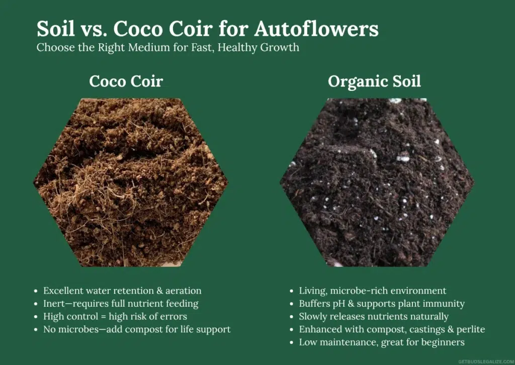 Best Soil for Growing Autoflowering Cannabis: Organic Mixes & Expert Tips 9 Split-screen infographic comparing coco coir and organic soil for autoflowering cannabis cultivation. Left side shows loose, fibrous coco coir; right side displays dark, nutrient-rich organic soil with compost and perlite. Icons highlight key traits: water retention, microbes, pH buffering, and feeding control. Text overlay reads: “Soil vs. Coco Coir: What’s the Better Medium for Autoflowers?”