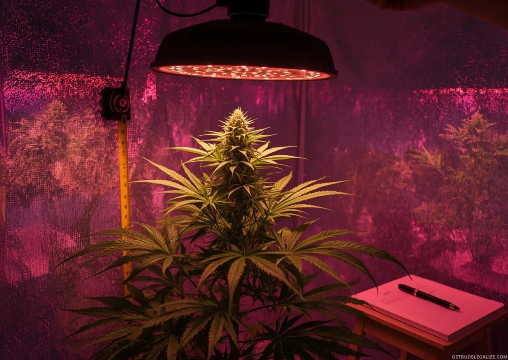 How Far Should Grow Lights Be From Plants? LED Distance Guide for Every Stage 22 Final Tips to Maximize Grow Light Efficiency – symbolic image of a cannabis plant under adjustable LED lights with grow journal and tape measure.