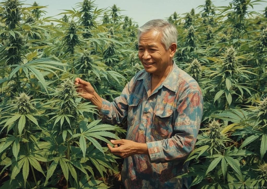 Thailand's New Cannabis Law Explained: Prescriptions, Permits, and Public Pushback 11 Aging Thai farmer smiles warmly while tending to vibrant cannabis plants in a lush field, captured in a detailed, nature-inspired painting.