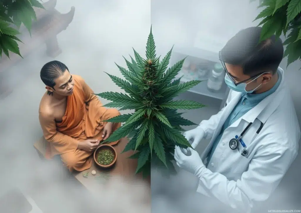 Traditional Thai healer and modern doctor stand divided over cannabis treatment in Thailand, symbolizing the clash between traditional and modern medicine.