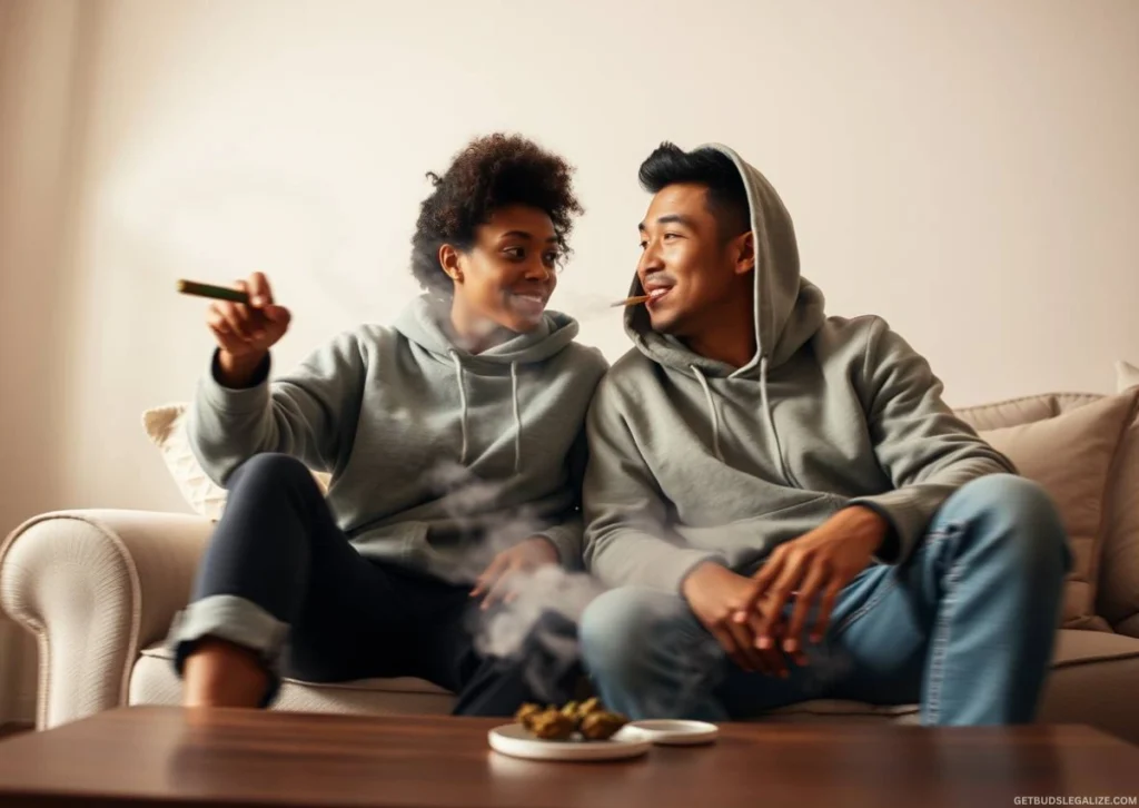 10 Powerful Reasons Why Cannabis Should Be Legal Worldwide 14 Two friends relax on a sofa while smoking a cannabis blunt, with weed and rolling tools visible on the table in front of them.
