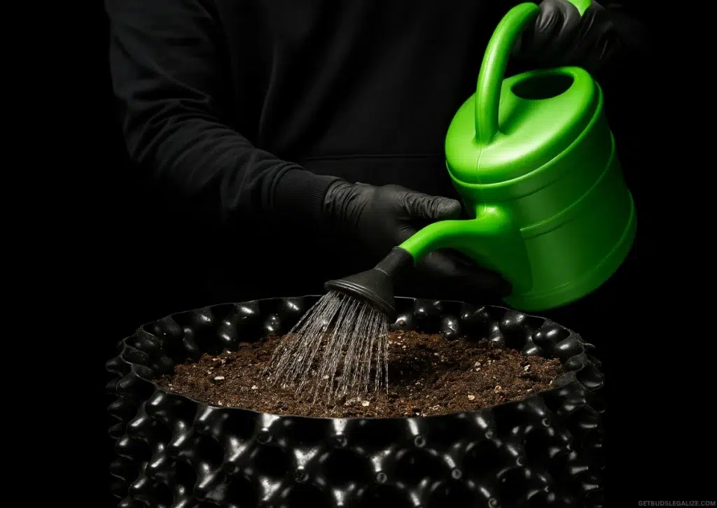 Best Soil for Growing Autoflowering Cannabis: Organic Mixes & Expert Tips 7 A man gently waters soil containing cannabis seeds in a black air pot, surrounded by garden tools and natural light in an outdoor or greenhouse setting. The moment captures the beginning of a homegrown cannabis cultivation process.
