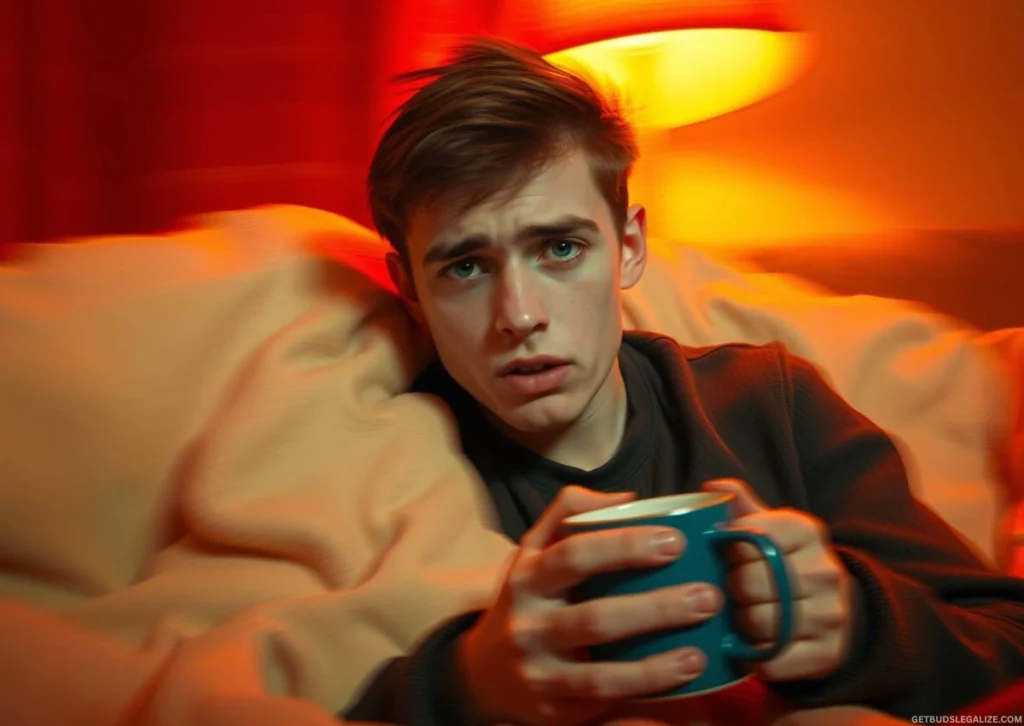 What Are Cannabis Shakes? Causes, Symptoms & How to Stop Them Fast 8 Young adult sitting on a couch, lightly trembling after smoking weed, with subtle signs of discomfort and confusion in a dimly lit room.