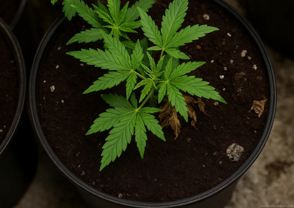 Best Soil for Growing Autoflowering Cannabis: Organic Mixes & Expert Tips 16 A healthy young autoflowering cannabis plant in the vegetative stage, growing in rich, dark soil inside a black fabric pot. The plant displays vibrant green leaves under natural or grow light.