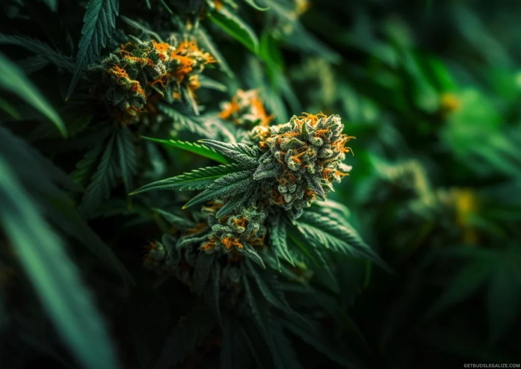 How to Grow Autoflowering Cannabis Outdoors | Complete Grow Guide 33 Close-up of a large, dense autoflowering cannabis bud covered in trichomes and pistils.