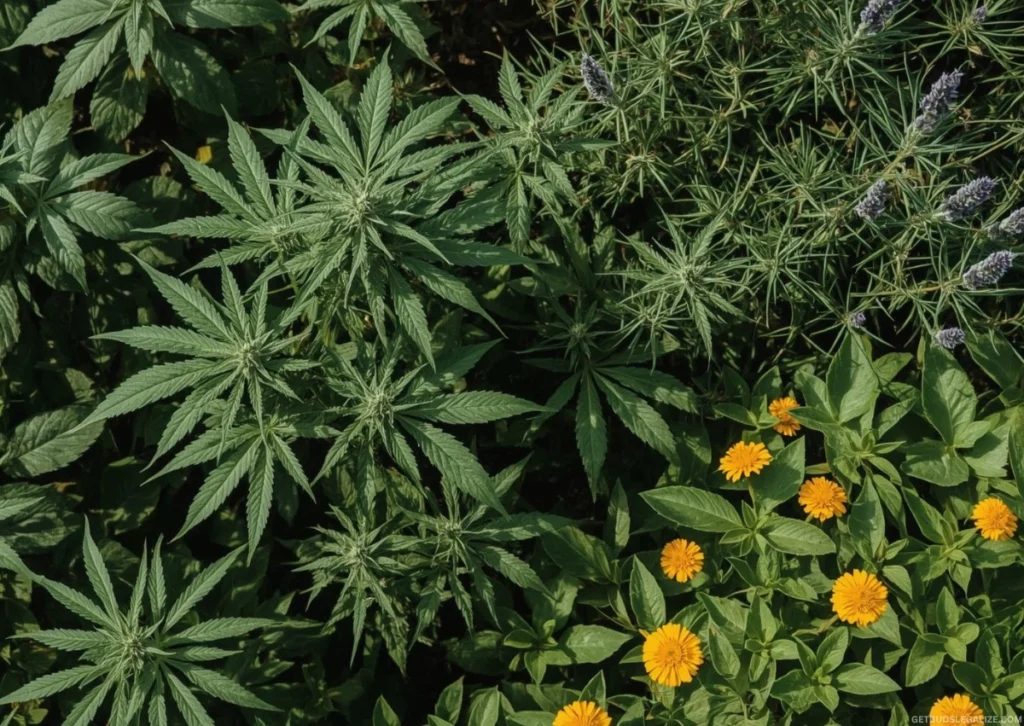 How to Grow Autoflowering Cannabis Outdoors | Complete Grow Guide 28 Outdoor autoflowering cannabis plants surrounded by companion plants like basil, rosemary, marigolds, lavender, and mint for natural pest control.