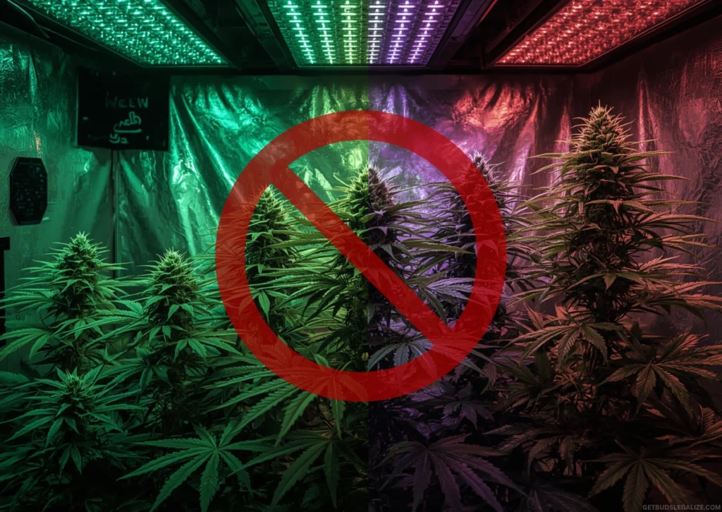 Learn How To Grow Autoflowers Week by Week: Full Grow Guide 36 Autoflower cannabis plants growing inside a grow room with a red "FORBIDDEN" warning sign — visualizing mistakes to avoid when cultivating autoflowers.