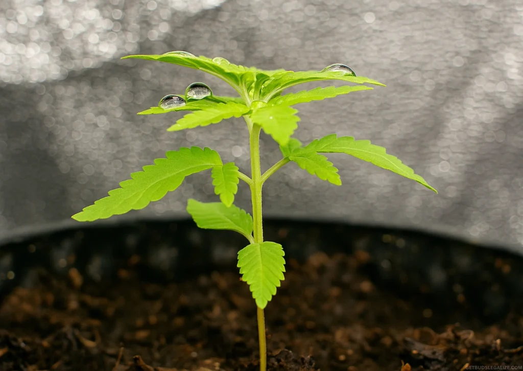 Learn How To Grow Autoflowers Week by Week: Full Grow Guide 11 Two-week-old autoflower cannabis seedling growing in an air pot inside a reflective grow tent.