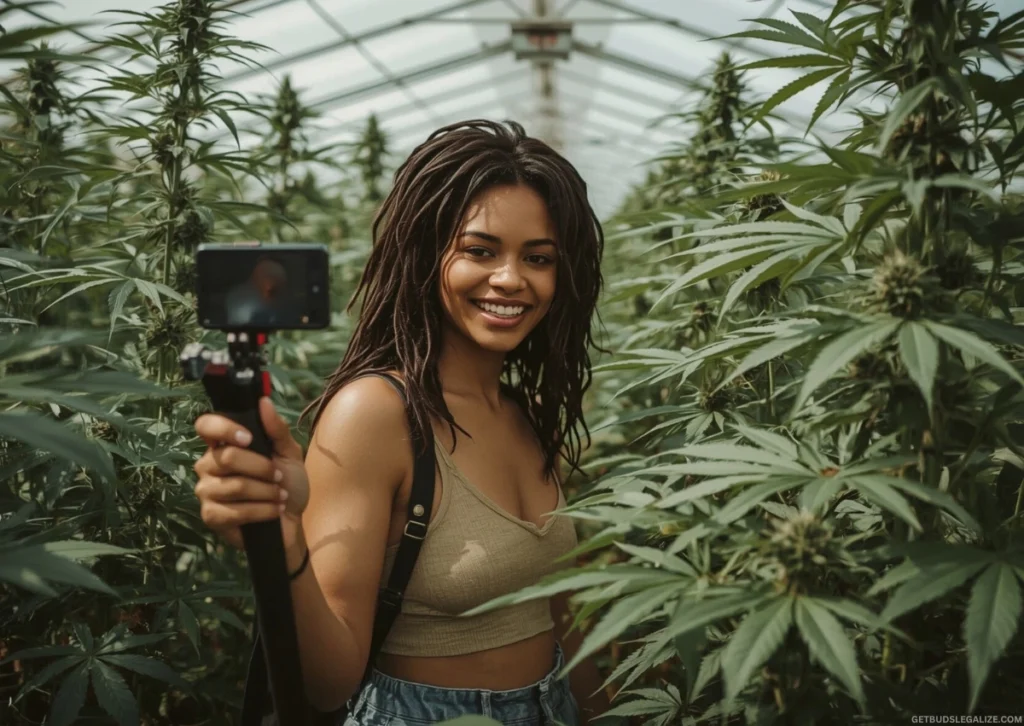 Seedsman Affiliate Program 2025: Is It Still Worth Joining? Our 4-Year Review 14 Black female with rasta-style hair smiling and talking in a cannabis plantation, surrounded by tall cannabis plants, creating content for YouTube.