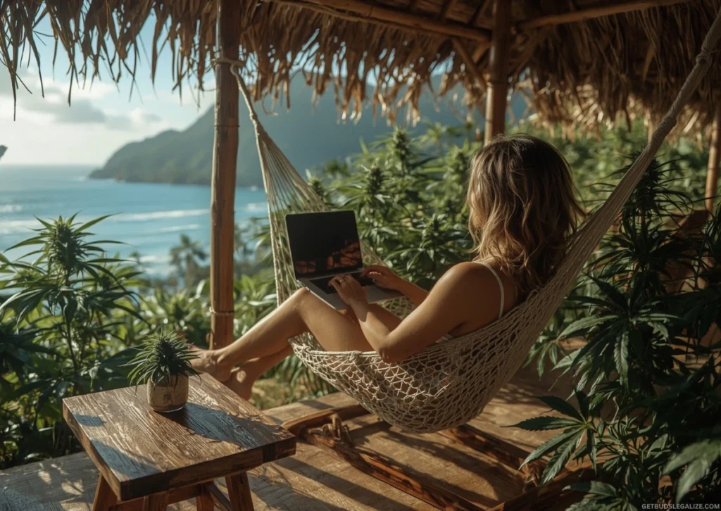 Seedsman Affiliate Program 2025: Is It Still Worth Joining? Our 4-Year Review 18 Female with blonde rasta-style hair working on a laptop in a hammock, overlooking the ocean from a bamboo bungalow surrounded by cannabis plants.