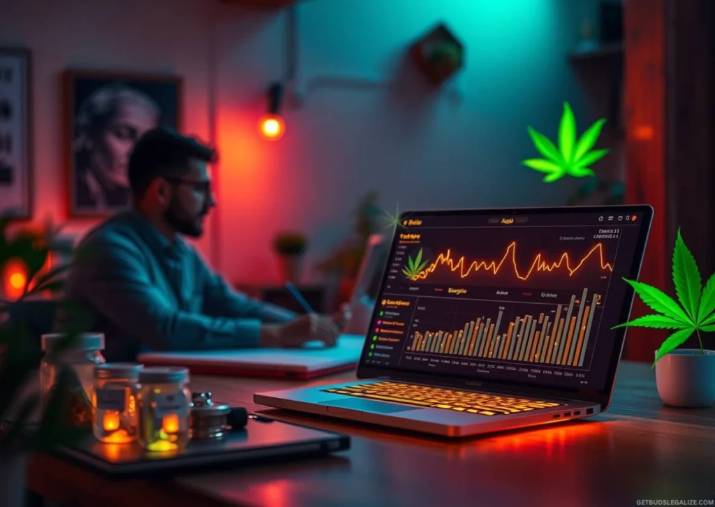 5 Best Cannabis Affiliate Programs of 2025 That Actually Convert & Pay 13 Modern workspace with laptop displaying cannabis affiliate earnings, surrounded by floating holographic graphs and cannabis-themed design elements