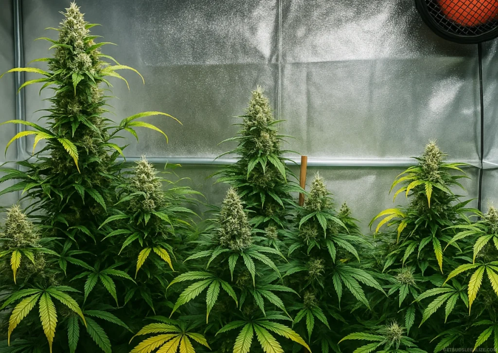 Learn How To Grow Autoflowers Week by Week: Full Grow Guide 32 Autoflower cannabis plant in an air pot at week 10 of indoor growth, showing mature buds and healthy foliage inside a reflective grow tent.