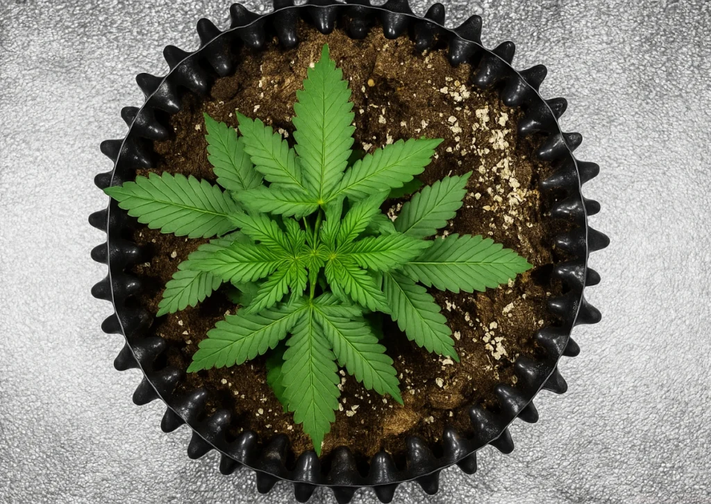Learn How To Grow Autoflowers Week by Week: Full Grow Guide 15 Autoflower cannabis plant growing indoors in an air pot at week 3, showing early vegetative growth with healthy green leaves.