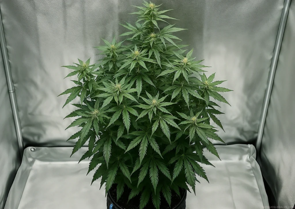 Learn How To Grow Autoflowers Week by Week: Full Grow Guide 21 Autoflower cannabis plant growing indoors in an air pot at week 5, with healthy green leaves and forming buds.