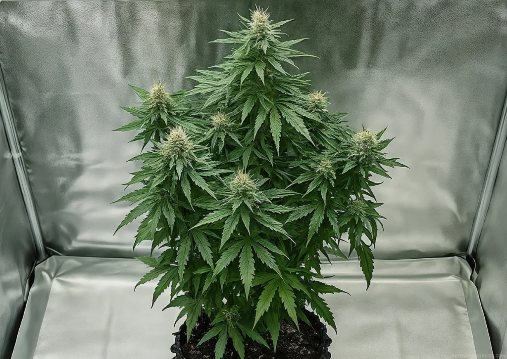 Learn How To Grow Autoflowers Week by Week: Full Grow Guide 25 Autoflower cannabis plant growing indoors in an air pot at week 6 of its flowering cycle.