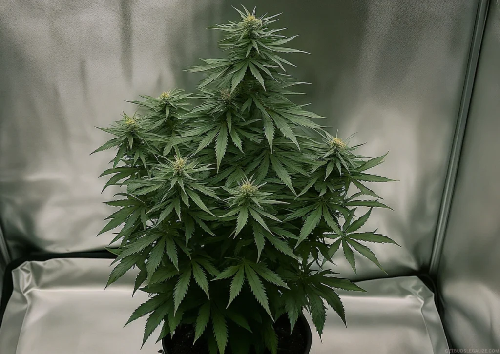 Learn How To Grow Autoflowers Week by Week: Full Grow Guide 20 Autoflower cannabis plant in week 7 of growth, grown indoors in an air pot under reflective tent lighting.