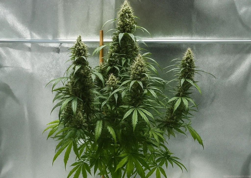Learn How To Grow Autoflowers Week by Week: Full Grow Guide 26 Autoflower cannabis plant growing indoors in an air pot at week 8 of flowering.