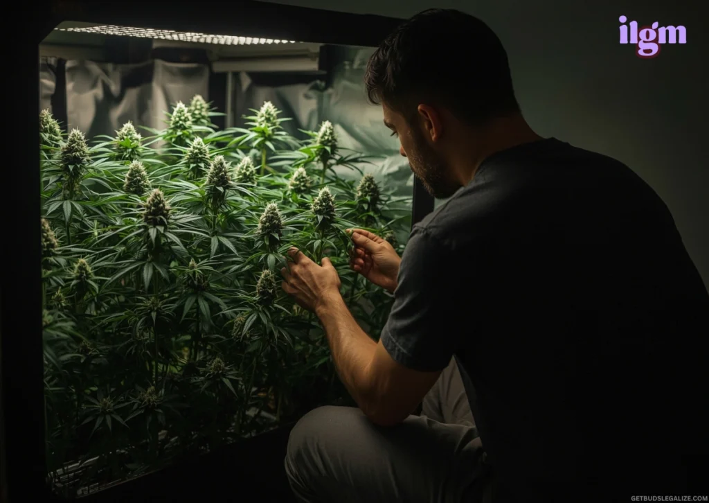 ILoveGrowingMarijuana Review: Honest Insight Before You Buy Seeds 20 Adult man inspecting vibrant cannabis plants inside a tall grow tent with soft ambient lighting