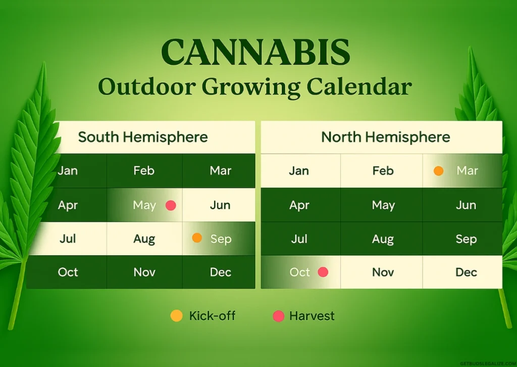 How to Grow Autoflowering Cannabis Outdoors | Complete Grow Guide 12 Outdoor cannabis growing calendar showing planting and harvest months for Northern and Southern Hemispheres with cannabis leaves and a green gradient background.