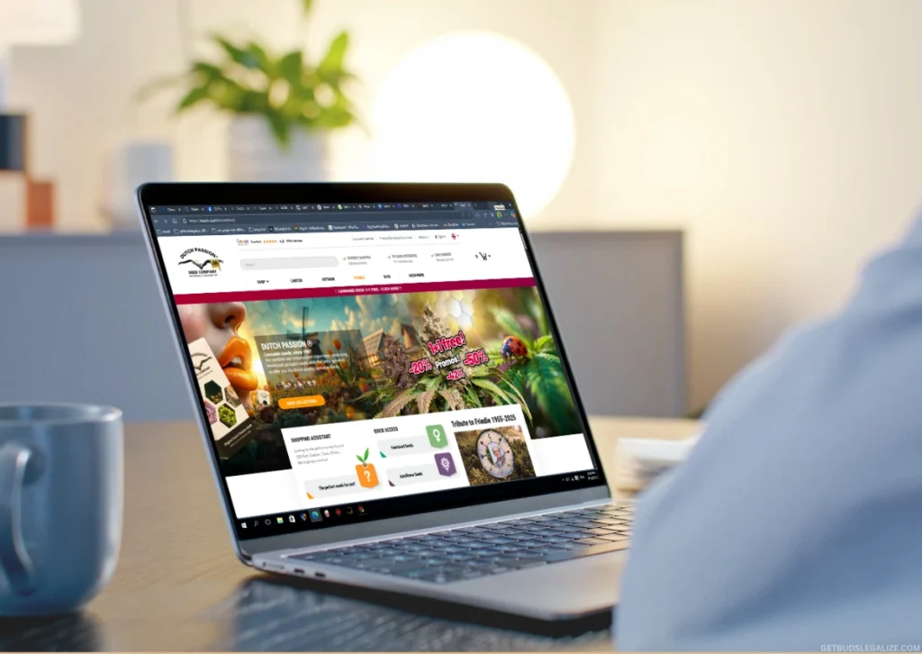 5 Best Cannabis Affiliate Programs of 2025 That Actually Convert & Pay 7 Laptop showing Dutch Passion cannabis seed website homepage with product filters and featured strains