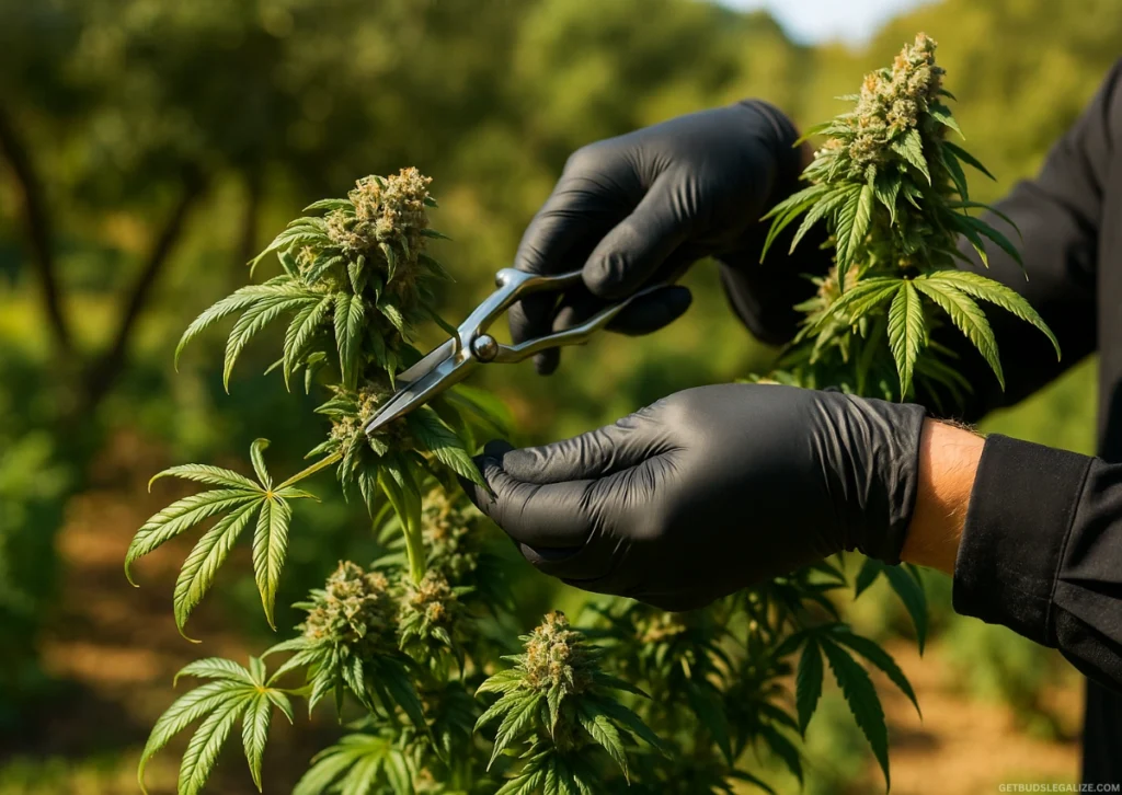 How to Grow Autoflowering Cannabis Outdoors | Complete Grow Guide 37 Hands cutting down a fully bloomed autoflower cannabis plant with pruning shears, surrounded by sunlit greenery in an outdoor grow setting.