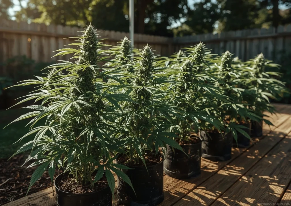How to Grow Autoflowering Cannabis Outdoors | Complete Grow Guide 8 Healthy autoflowering cannabis plants growing in pots on a sunny wooden deck in a backyard garden.