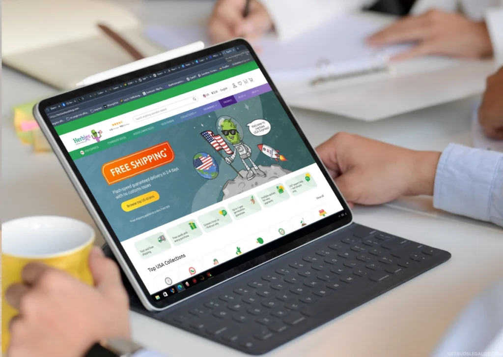 5 Best Cannabis Affiliate Programs of 2025 That Actually Convert & Pay 9 Laptop displaying Herbies Seeds cannabis website homepage with featured strains and navigation menu