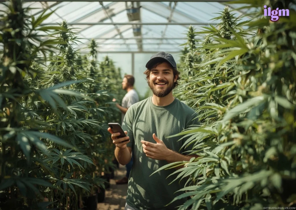 ILGM Affiliate Program Review 2025: Still Worth It After 5 Years? 14 ILGM Affiliate Program Review – smiling cannabis grower filming inside a sunny greenhouse filled with tall flowering cannabis plants and cultivators in the background
