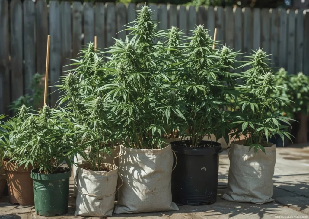 How to Grow Autoflowering Cannabis Outdoors | Complete Grow Guide 20 Outdoor autoflowering cannabis plants in various containers on a garden patio with light, airy soil mixes.