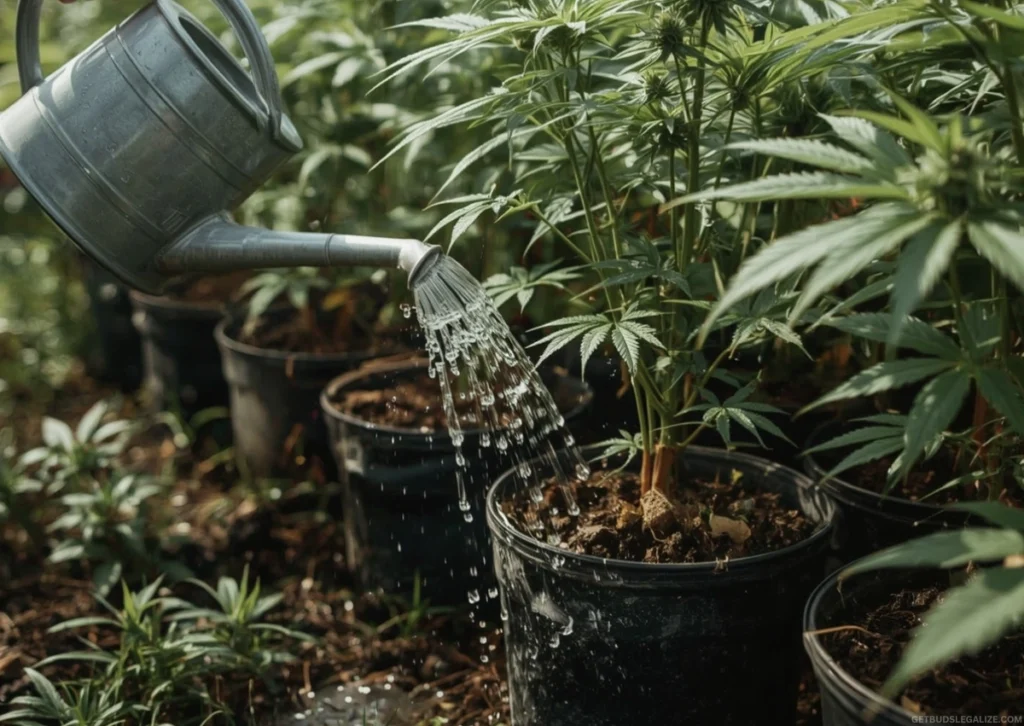 How to Grow Autoflowering Cannabis Outdoors | Complete Grow Guide 24 Outdoor autoflower cannabis plants being gently watered in containers on a sunny garden patio.